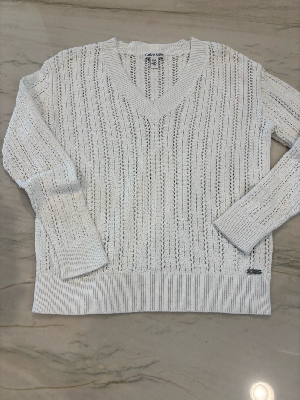 Calvin Klein White V-Neck Openwork Knit Sweater